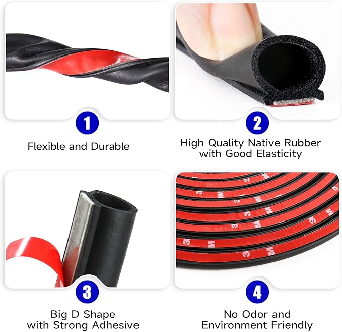 D Shape Rubber Seal Strip,3/4" Large Door Weather Stripping Self-Adhesive EPDM Rubber,Automotive Weather Stripping for Fill Gaps, Apply to Car,Truck,RV,Boat and Home Application (12Ft)