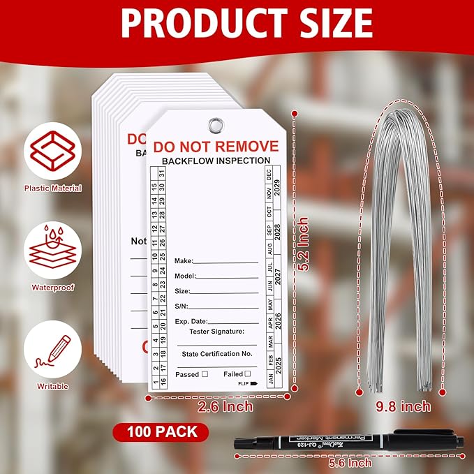 100 PCS Waterproof Backflow Inspection Tags 2.6 x 5.2 Inch Heavy Duty 18 Mil Writable Plastic Tags with Iron Wire & Pen Double-Sided Printing Pre-Punched Holes Maintenance Record for Backflow (White)