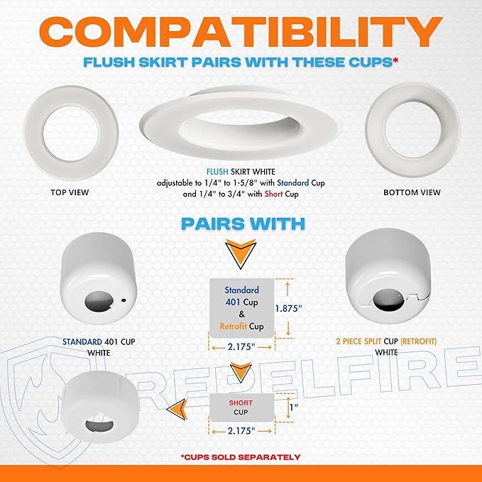 Fire Sprinkler Escutcheon Skirt, FLUSH Escutcheon Pendant Skirt White, Works with Standard 401 Style Cup, Short Cup, and Retrofit 2 Piece Cup, Fire Sprinkler Skirt