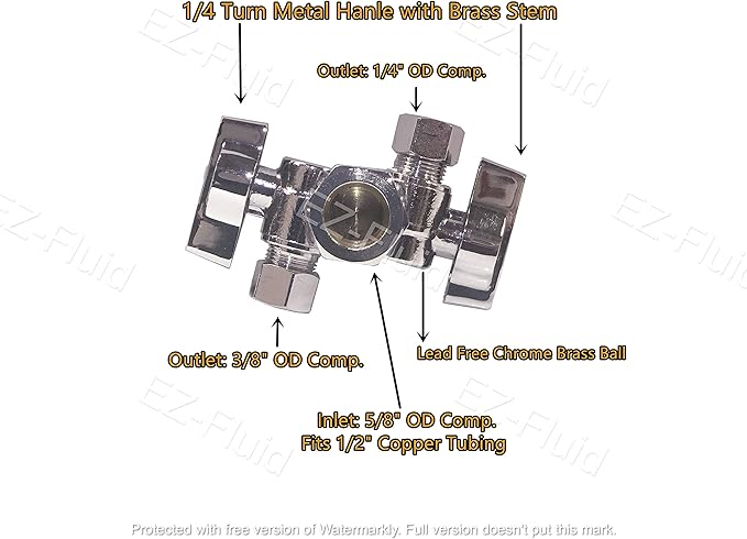 EZ-Fluid 5/8" Comp O.D X 1/4" Comp X 3/8" Comp 1/4 Turn Double Metal Two Handles Dual Outlet Brass Angle Stop Valve Water Shut Off Ball Valve For Water Pipes LF,Faucet Toilet,Dishwasher,Filter(1)