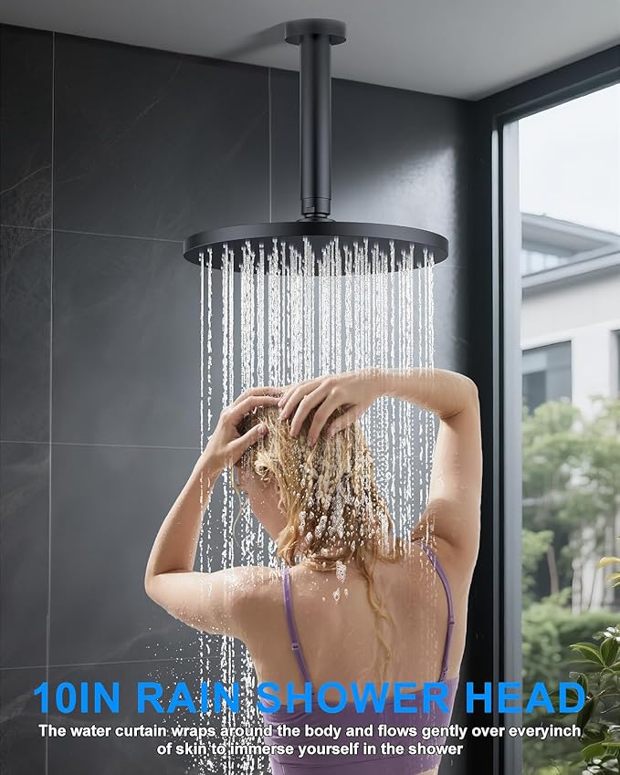 Shower System with Pressure Balance Valve, 10" Ceiling Mount Shower Faucet Set with 2 Rain Shower Head And Multi-function Handheld Head Push Button Diverter Pressure Balancing Valve Kit, Matte Black