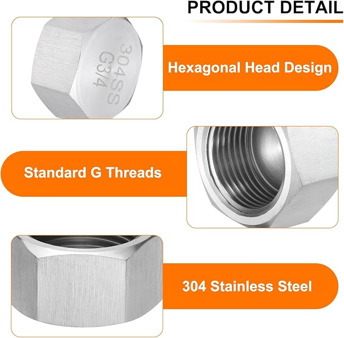 uxcell 2pcs Hex End Cap 304 Stainless Steel Nut with Washer, G3/4" Female Thread Pipe Fitting, Gas Line Water Line Stop Valve Cap Tubing Ends for Plumbing Fittings, Silver Tone