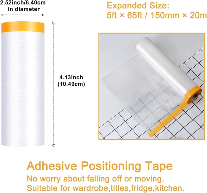 Muf 5 x 65 Feet Plastic Drop Cloth Plastic Sheeting with Masking Tape,Waterproof Protective Masking Film,Prevent Dust Paint for Car,Furniture,Carpet,Floor,3 Pack