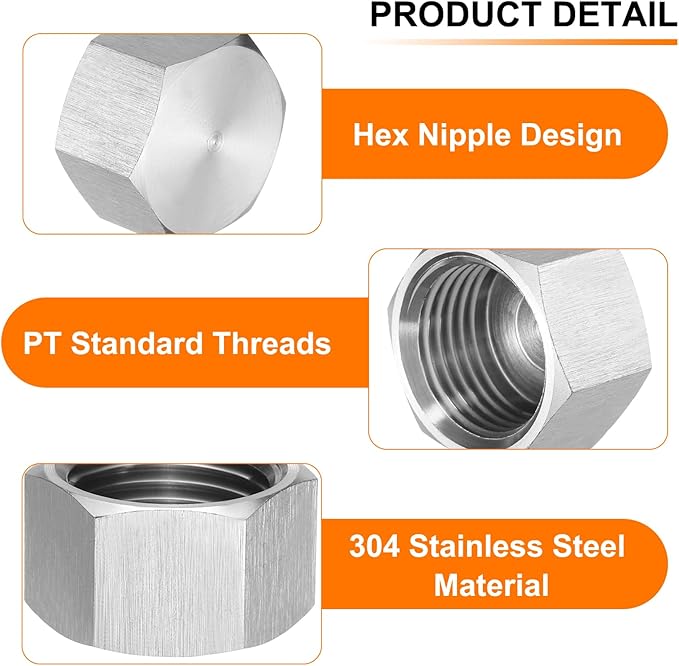 uxcell 4pcs Hex End Cap 304 Stainless Steel Nut with Washer, PT 1/2" Female Thread Pipe Fitting, Gas Line Water Line Stop Valve Cap Tubing Ends for Plumbing Fittings, Silver Tone