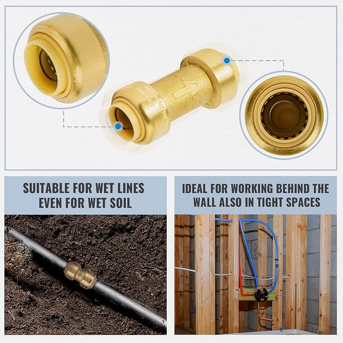 SUNGATOR 3/4 Inch Check Valve, No Lead Brass Push-to-Connect Plumbing Fittings for Pex Pipe Copper, CPVC, PE-RT, with 1 Disconnect Clip, Pack of 2