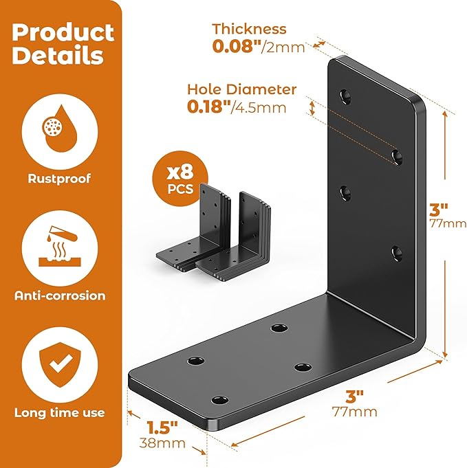 8 Pcs 3"x3" L Brackets Heavy Duty, Galvanized Corner Brace for Wood, Angle Iron with Recessed Holes, 90 Degree Angle Bracket for Floating Shelves, Wood Beams, Furniture, Bed -Black