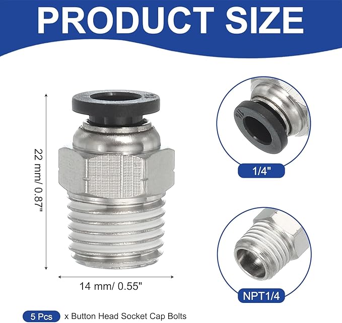 MECCANIXITY 5 Pcs NPT Push to Connect Air Fittings, Male Straight 1/4" Tube OD x 1/4" NPT Thread Air Quick Connector Coupling Adapter for Gas Hose Pneumatic Tools, Black