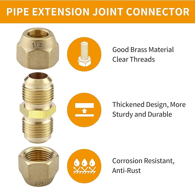 AC Pipe Connectors - 1/4" & 1/2" Copper Joints with HVAC Flare Nuts, 2 Packs