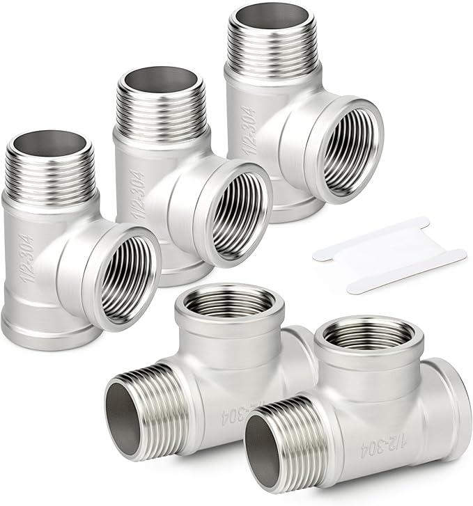 TAISHER 5PCS 304 Stainless Steel Tee Pipe Fittings, 1/2" NPT Female x 1/2" NPT Female x 1/2" NPT Male Pipe Fittings, Male Run Tee