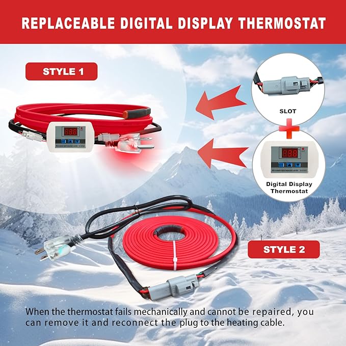 OEBLD Heat Tape for Water Pipes 25FT, Replaceable Smart Thermostat for Pipe Freeze Protection, Self-Regulating Roof Deicing Cable for Metal and Plastic Home Pipes, 110-120V
