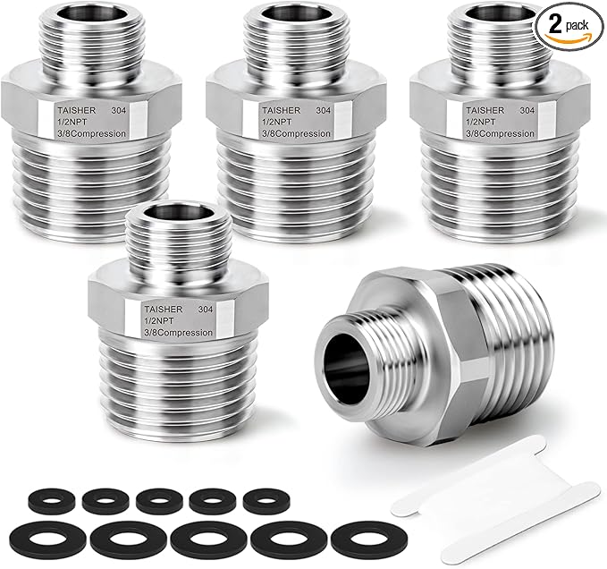 TAISHER 2PCS 304 Stainless Steel Reducer Faucet Adapter 1/2" NPT × 3/8" Compression Pipe Fitting for RV kitchen bathroom faucet supply line adapter with rubber gasket