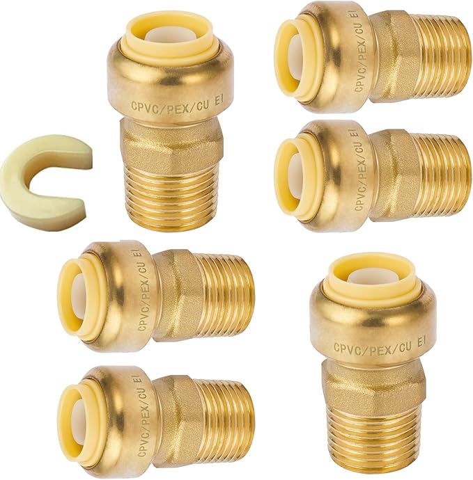 HeSun 6-Pack Pushfit Male Adapter, 3/4" MNPT x 3/4" Push to Connect Plumbing Fittings with Disconnect Clip, Brass Push-fit Fittings for PEX, Copper, CPVC, PE-RT Pipes