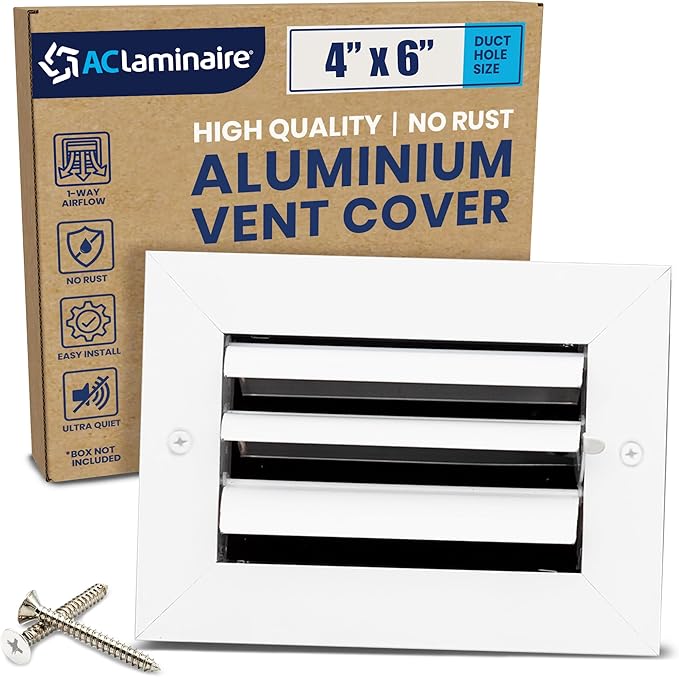 4x6 Inch (Duct Opening) Aluminum 1-Way Air Flow Vent – HVAC Vent Cover for Wall or Ceiling – Quiet HVAC Wall Register with Multi-Shutter Damper – Adjustable Curved Blade - Plastic Seal for Tight Fit