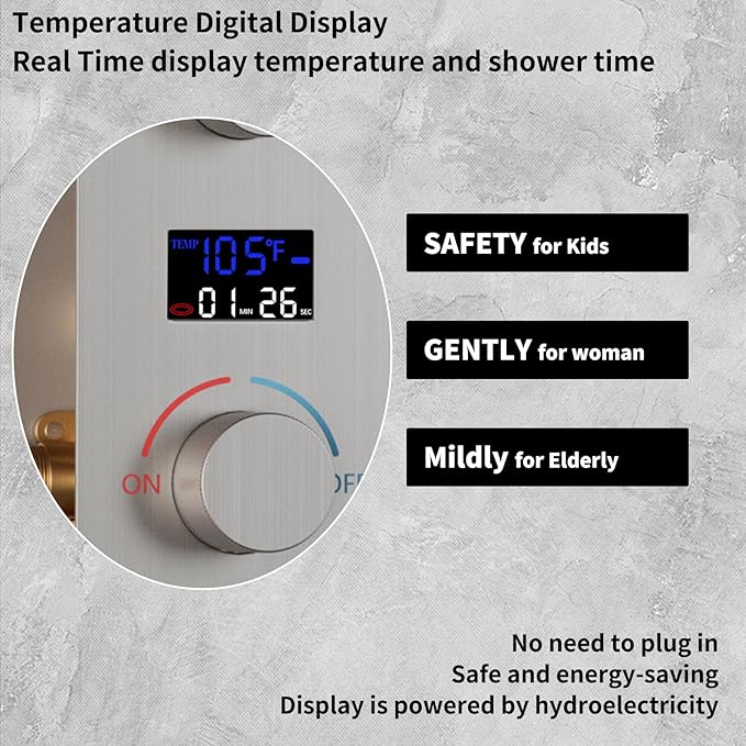 2 Function Shower Diverter with Temperature Display Solid Brass Shower Mixer Valve Pressure Balancing and Flow Control Bathroom Shower Diverter Valve,Brushed Nickel