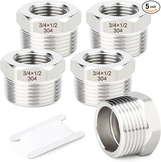 TAISHER 5PCS 304 Stainless Steel New Reducer Hex Bushing, 3/4" NPT Male x 1/2" NPT Female, Reducing Pipe Adapter Fitting