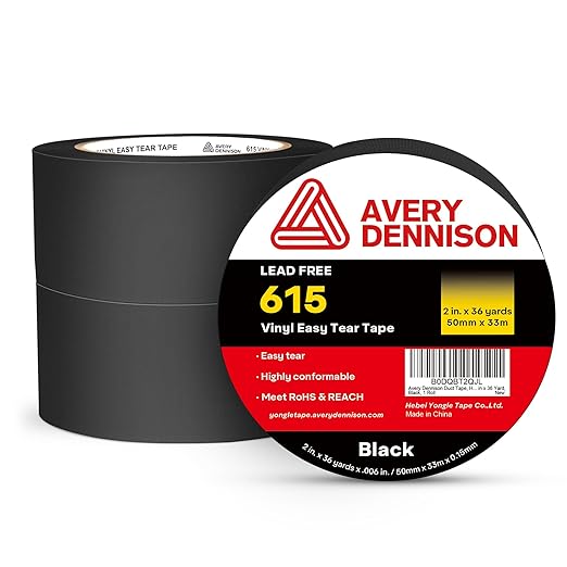 Avery Dennison Duct Tape, Heavy Duty PVC Easy Tear Tape, Strong Adhesive Waterproof Duct Tape for Indoor Outdoor Repairs, 2 in x 36 Yard, Black, 3 Rolls
