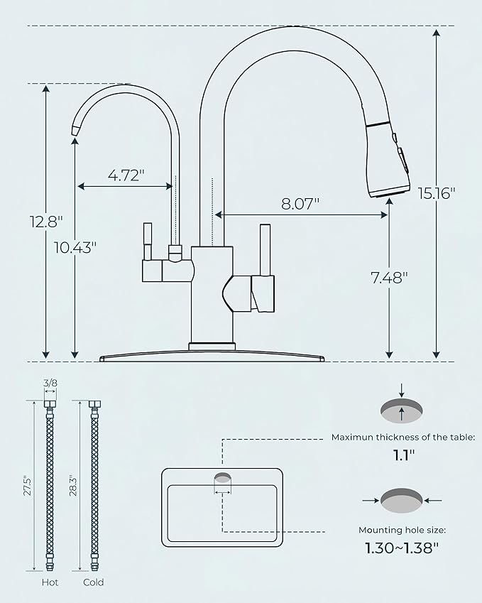 FORIOUS Kitchen Faucets with Water Filter, 2 in 1 Stainless Steel Pull Down Sink Faucet and Purfied Water Faucet High Arc Single Handle with Detachable Deck for 1 or 3 Hole, Brushed Nickel