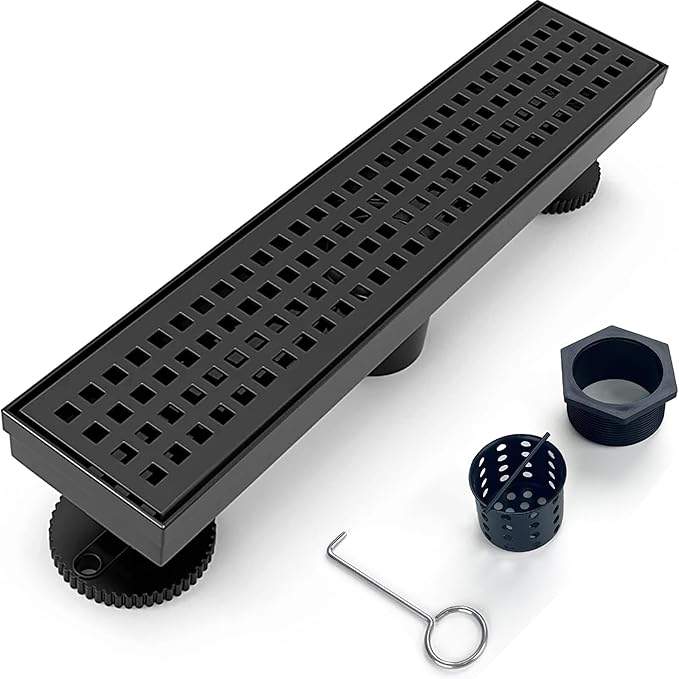 12 Inch Removable Cover Linear Shower Drain 304 Stainless Steel Rectangular Floor Drain for Kitchen Bathroom Square Hole Drain with Accessories Hair Strainer Adjustable Leveling Feet (Matte Black)