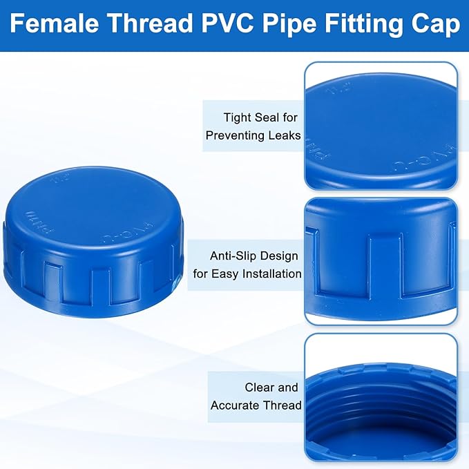 uxcell 5Pcs 1-1/2 Inch PT Female Thread PVC Pipe Fitting Cap, Cleanout Water Drain End Caps, Pipe Plug Socket Fittings with Tape for Water Heater Supply Lines, Plumbing, Blue