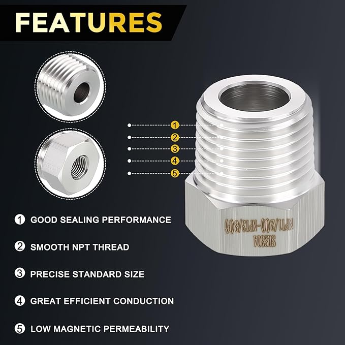METALLIXITY 3PCS 1/2" Male NPT x 3/8" FeMale NPT Thread 304 Stainless Steel Hex Bushing Extension Tube Adapters Convert for Water Tub Spout/Shower
