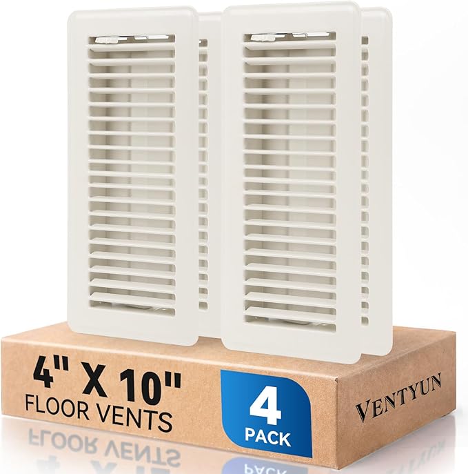 4" x 10" Floor Register Vent Covers 4-Pack, Walkable Powder-Coated Metal Vent Covers with Adjustable Airflow, Curved Safe Edges for Floor/Wall, White
