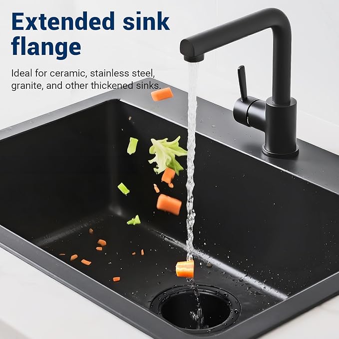 Kitchen Extended Garbage Disposal Flange Strainer Stainless Steel Flange Kit with Basket Strainer and Drain Stopper for 3 1/2 Inch Standard Sink Drain, Deep Sink Flange for Disposer, Black Brushed