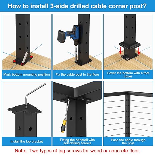 36" Cable Railing Corner Post, Stainless Steel Flat Top Deck Corner Post with Cable Grommets, 2"x2" 90° T-Drilled Metal Corner Post for Black Deck Stair Railing System, RG13