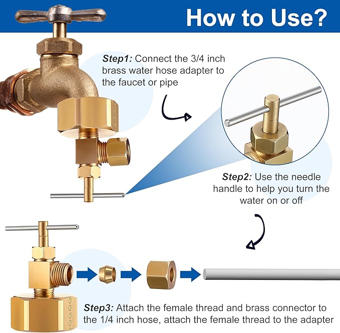 Enhon 3/4 Female Garden Hose Thread by 1/4 Compression Needle Valve Brass Adapter, Brass Adapter with Washer and PTFE Thread Seal Tape, Water Hose Tool for Swamp Cooler Ice Maker
