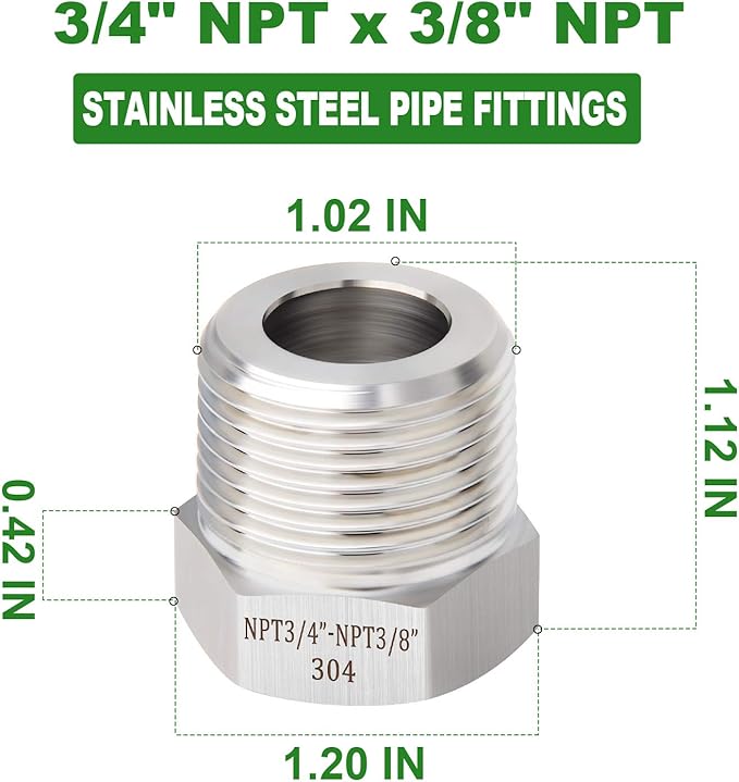 TAISHER 5PCS Forging of 304 Stainless Steel Reducer Hex Bushing, 3/4" Male NPT to 3/8" Female NPT, Reducing Forging Pipe Adapter Fitting