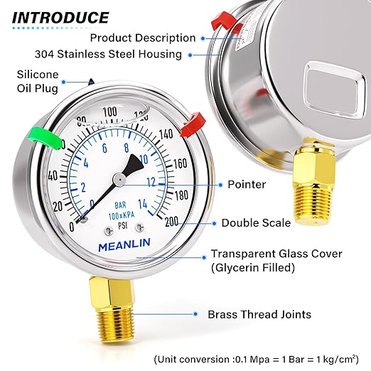 MEANLIN MEASURE 0~200Psi Liquid Filled Pressure Gauge Stainless Steel 1/4" NPT 2" FACE DIAL for Air Compressor Air Regulator Water Filter Lower Mount, with Hex Bushing and 2PCS Snaps