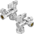 2-PCs HeSun Quarter-Turn Angle Stop Valve, 1/2" FIP x 3/8" OD Comp x 3/8" OD Comp, Dual Compression Outlet Shut Off Valve, PEX Chrome Plated Brass(VALVE209)