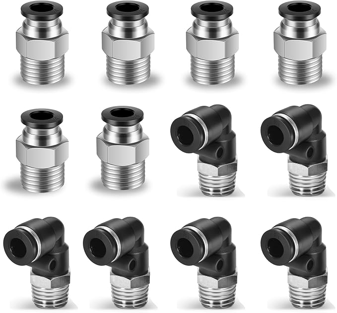12 Pcs Push to Connect Fittings 1/4 Inch Tube OD x 1/4 Inch NPT Thread Pneumatic Male Straight and Elbow Quick Connect Air line fittings