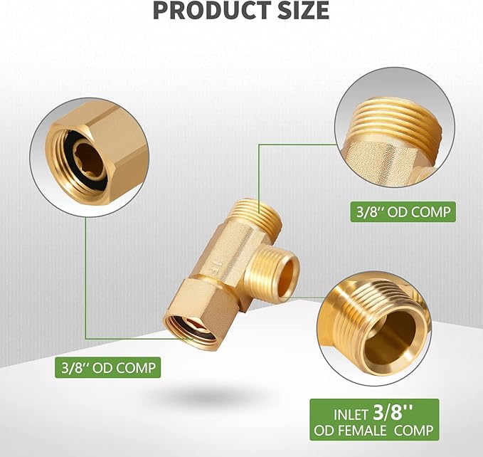 Lead-Free 4 PCS Brass Angle Stop Add-A-Tee Valve 3/8" Female by 3/8 Inch by 3/8-Inch Male T Extender Water Compression Easy Connect Tee (Pack of 4)