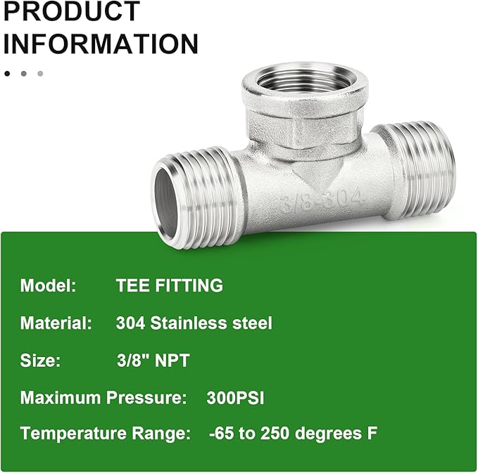 TAISHER 5PCS 304 Stainless Steel Tee Pipe Fittings, 3/8" NPT Male x 3/8" NPT Female x 3/8" NPT Male Pipe Fittings, Female Branch Tee