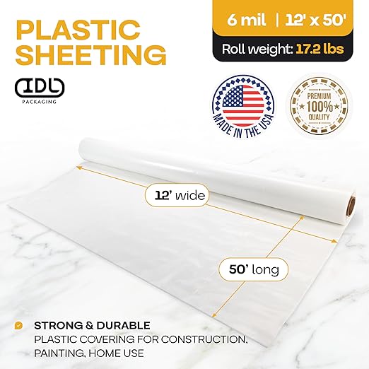 Plastic Sheeting 6 mil, 12' x 50' (600 sq. ft.) - Thick Semi-Clear LDPE Plastic Sheeting Heavy Duty for Construction and Painting - Vapor Barrier Plastic Sheeting - Roll of Plastic by IDL Packaging