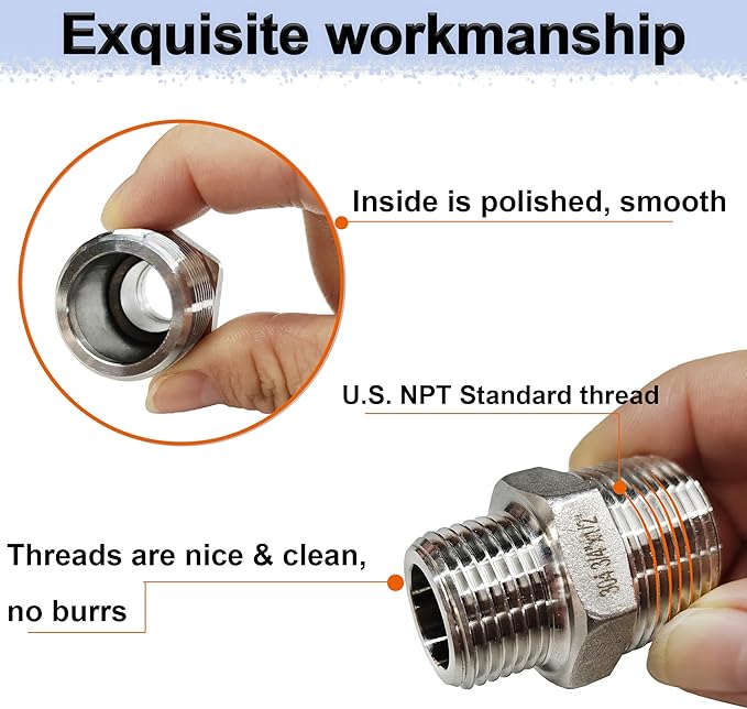 ZOUNI Reducing Hex Nipple, 304 Stainless Steel 1" NPT Male x 1/2" NPT Male Pipe Fitting Reducer Nipple Adapter 2000psi Reducer Straight Connector (2pcs, 1"-1/2")