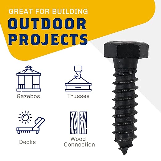 1/2" x 2”, 25-Piece Black Lag Bolts, Rustproof 4-Layer Ceramic BLAKOTE, 2X Protection of Galvanized Lag Screws, for Decks Pergolas by Makers Bolt