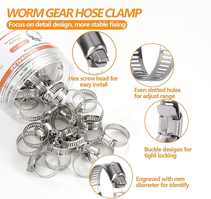 25 Pack Worm Gear Hose Clamp, Adjustable Range 5/8"-1" (16-25mm) 304 Stainless Steel Fuel Line Hose Clamps, Metal Fuel Line Hose Clamps for Plumbing,Intercooler,Pipe,Fuel Line Radiator Clamps