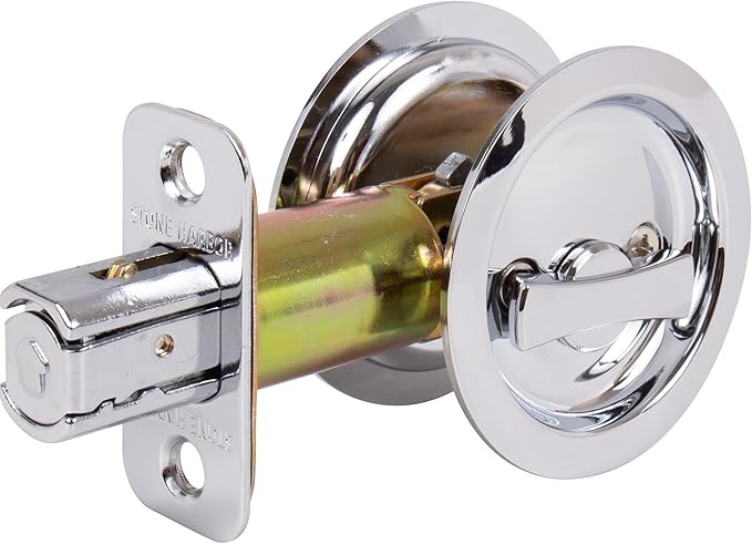 Round Pocket Door Lock, Privacy (Bed/Bath) Latch, 2-3/8" Backset, RCL, Polished Chrome by Stone Harbor Hardware