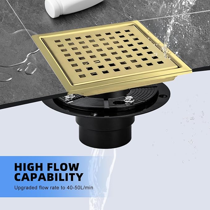 morefine Gold Shower Drain 6 inch with Flange, Square Shower Drain with Removable Grate Cover, SUS 304 Stainless Steel, Brushed Gold