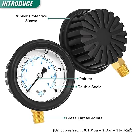 0-100PSI Stainless Steel Liquid Filled Pressure Gauge, 2.5" Dial Size, 1/4" NPT Lower Mount, with Rubber Protective Sleeve, for Tube, Water Pump, Gas, Liquid, Pressure Test
