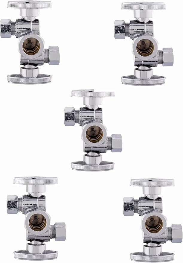 (Pack of 5) EFIELD 1/4 Turn Dual Compression Outlet Angle Stop Valve with 2 Shut Off Valve/Handles, 1/2" NOM (5/8" OD) x (3/8 inch x 3/8 inch) Chrome Plated,(VALVE134-5PCS)