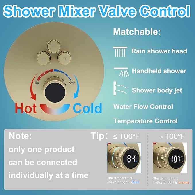 Round Digital Display Shower Valve 3 Way Shower Mixing Valve Concealed Installation Can Use All the Time Brushed Gold