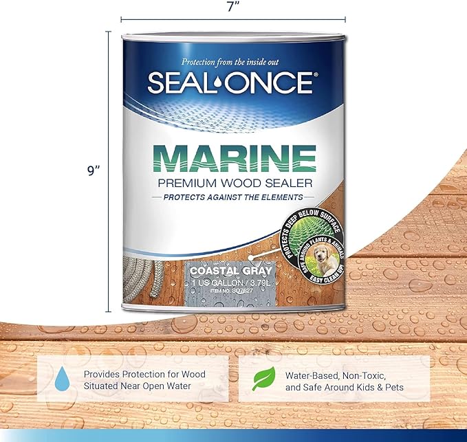 SEAL-ONCE Marine Ready Mix - 2 Gallon Penetrating Wood Sealer Waterproofer & Stain (Coastal Gray). Water-Based, Ultra-Low VOC Formula for high-Moisture Areas to Protect Wood Docks, Decks & Piers.