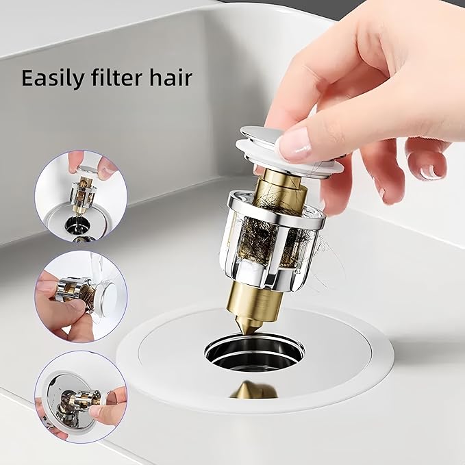 Bathroom Sink Stopper,pop up Sink Drain Stopper,Drain Hair Catcher,3-Layer Odor-Proof 27mm Sink Drain Strainer, 304SS/Brass Core, Universal Fit, Blocks Bugs & Smells.