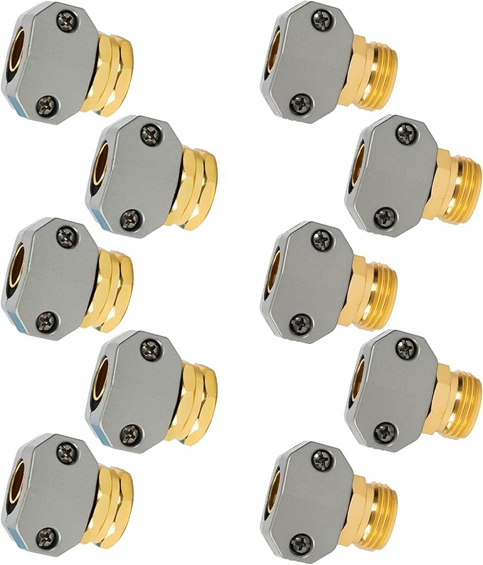 Garden Hose Repair Kit, 5 Sets Aluminum Alloy Garden Hose End Mender Kit with Zinc Clamp, Male and Female Repair Connector Fittings Fit 3/4 Inch and 5/8 Inch