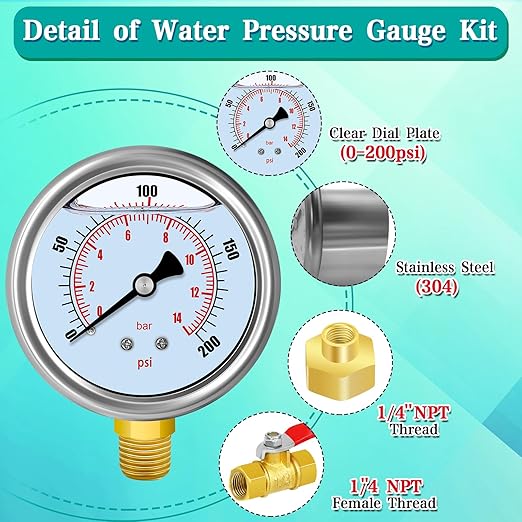 Water Pressure Gauge with 12'' Hose, 0-200 Psi Pressure Gauge Filled with Oil, 3/4" GHT Female Thread Water Pressure Test Gauge Hose Kit, for Home, Industrial, Garden Water Pressure Test
