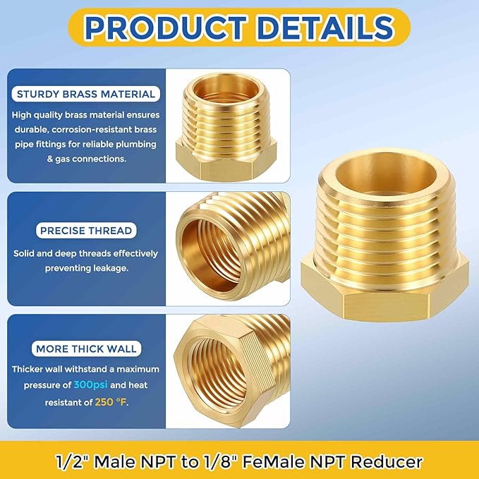 4 Pack Brass Pipe Fittings, 1/2" Male NPT to 1/8" FeMale NPT Brass Hex Bushing Reducer, Hose Tube Threaded Adapter for Air, Oil, LP