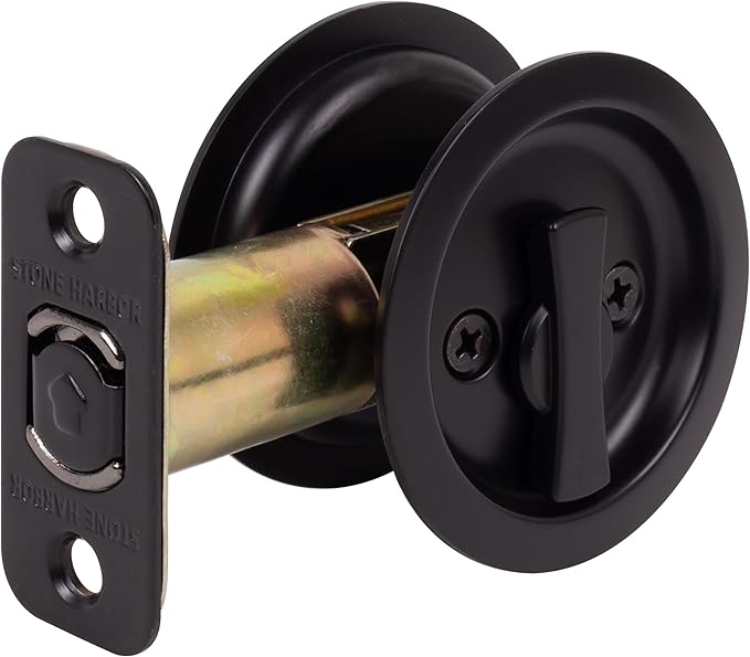Round Pocket Door Lock, Privacy (Bed/Bath) Latch, 2-3/8" Backset, RCL, Matte Black by Stone Harbor Hardware