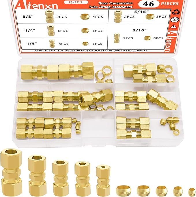 46PCS Brass Compression Tube Fitting Assortment kit- 1/8", 3/16", 1/4", 5/16", 3/8" OD Compression Fittings, Compression Sleeves Ferrules &Compression Union Connector